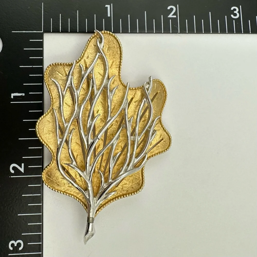 Coro Signed Vintage Gold & Silver Tone Leaf Branch Brooch Pin